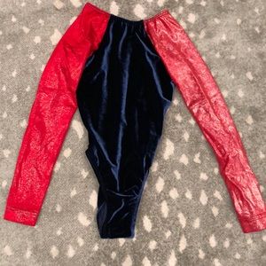 GK ELITE Navy velvet and red shimmer leotard